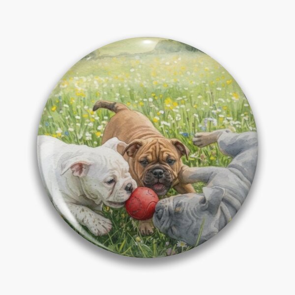 Item preview, Watercolor Bulldog Puppies Playing with a Red Ball in a Flower Field designed and sold by VibranPalette.