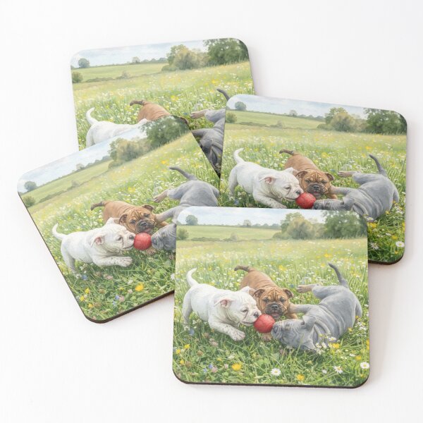 Item preview, Watercolor Bulldog Puppies Playing with a Red Ball in a Flower Field designed and sold by VibranPalette.