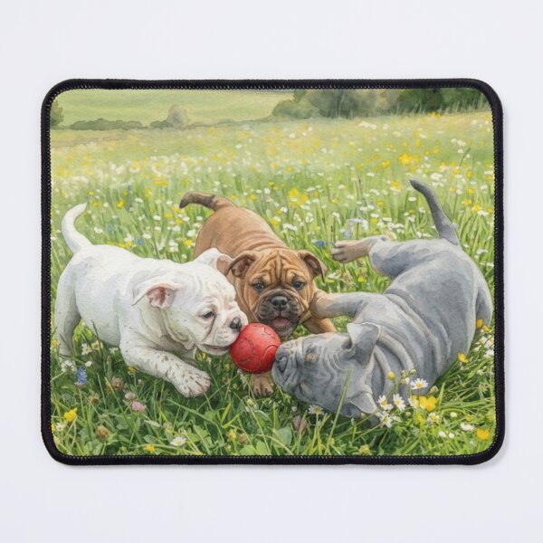 Item preview, Watercolor Bulldog Puppies Playing with a Red Ball in a Flower Field designed and sold by VibranPalette.