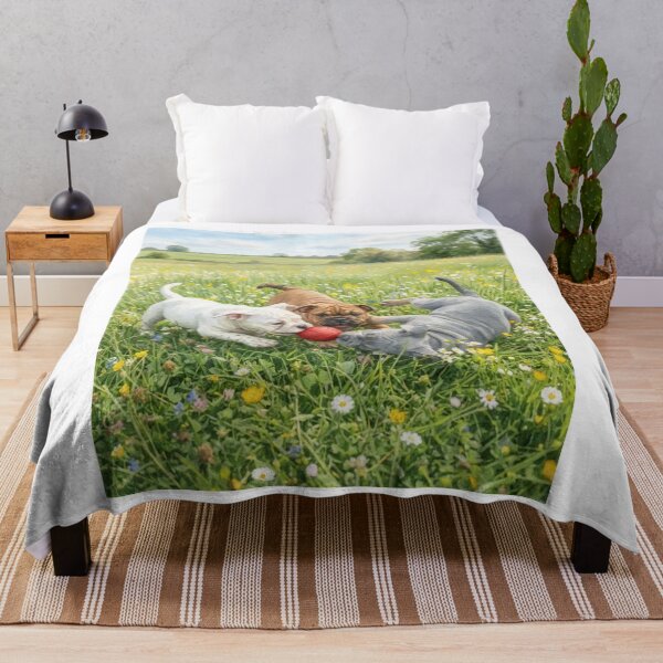 Item preview, Watercolor Bulldog Puppies Playing with a Red Ball in a Flower Field designed and sold by VibranPalette.