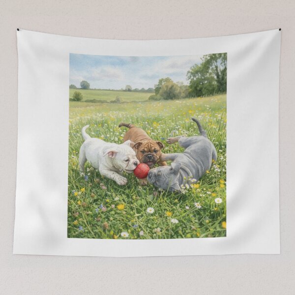 Item preview, Watercolor Bulldog Puppies Playing with a Red Ball in a Flower Field designed and sold by VibranPalette.