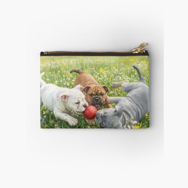 Item preview, Watercolor Bulldog Puppies Playing with a Red Ball in a Flower Field designed and sold by VibranPalette.