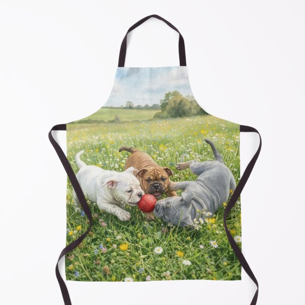 Item preview, Watercolor Bulldog Puppies Playing with a Red Ball in a Flower Field designed and sold by VibranPalette.