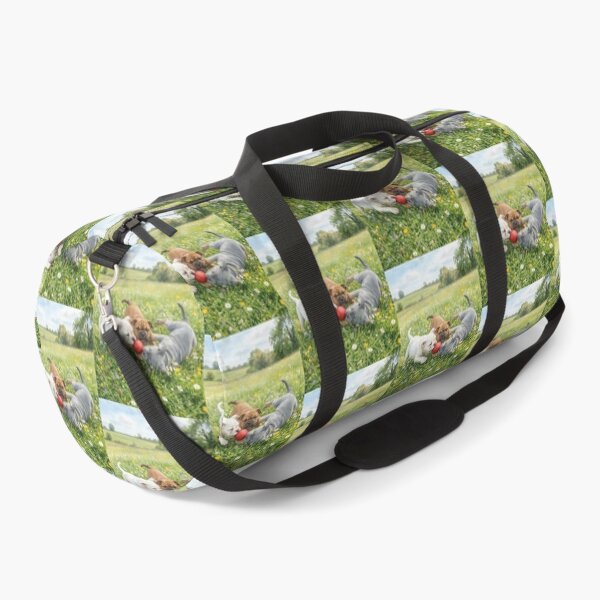 Item preview, Watercolor Bulldog Puppies Playing with a Red Ball in a Flower Field designed and sold by VibranPalette.