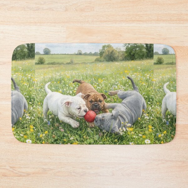 Item preview, Watercolor Bulldog Puppies Playing with a Red Ball in a Flower Field designed and sold by VibranPalette.