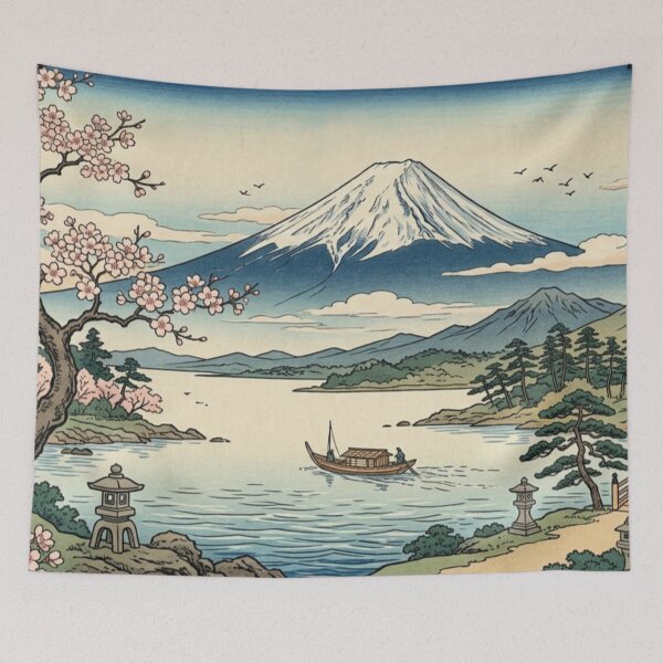 Item preview, Mount Fuji Cherry Blossom Landscape – Japanese Ukiyo-e Inspired Wall Art, Sakura Scenic Print, Traditional Japan Nature Illustration, Zen Asian Decor, Vintage Travel Poster designed and sold by Zaitmiprints.