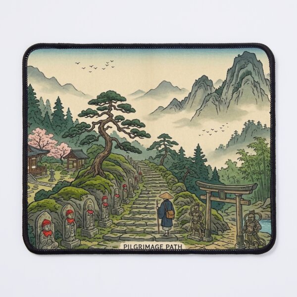 Item preview, Japanese Pilgrimage Path Landscape – Ukiyo-e Inspired Temple, Torii Gate & Waterfall Art, Zen Mountain Scenery, Traditional Japan Wall Decor, Vintage Asian Travel Print designed and sold by Zaitmiprints.