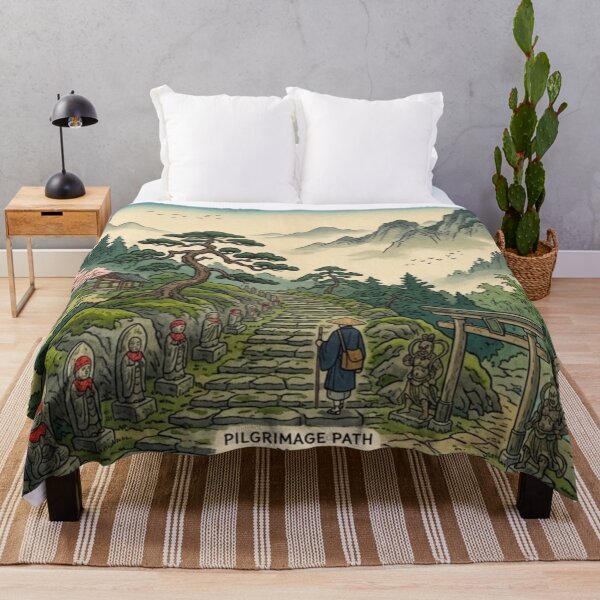 Item preview, Japanese Pilgrimage Path Landscape – Ukiyo-e Inspired Temple, Torii Gate & Waterfall Art, Zen Mountain Scenery, Traditional Japan Wall Decor, Vintage Asian Travel Print designed and sold by Zaitmiprints.