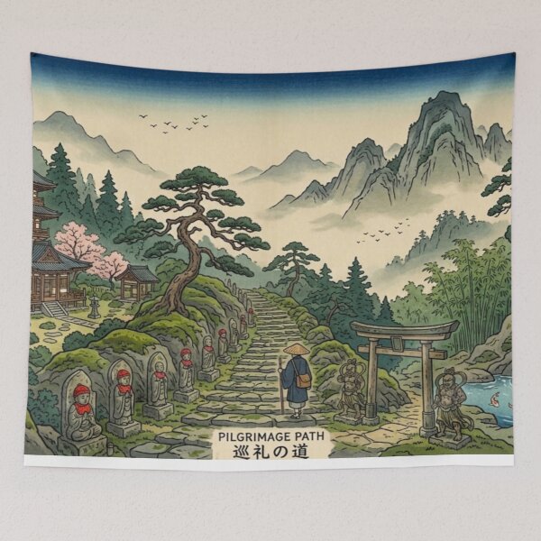 Item preview, Japanese Pilgrimage Path Landscape – Ukiyo-e Inspired Temple, Torii Gate & Waterfall Art, Zen Mountain Scenery, Traditional Japan Wall Decor, Vintage Asian Travel Print designed and sold by Zaitmiprints.