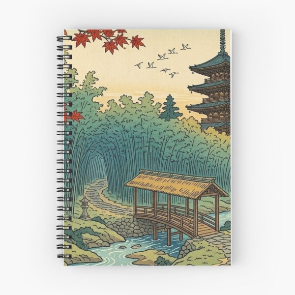 Item preview, Japanese Bamboo Forest Temple – Ukiyo-e Inspired Autumn Landscape, Zen Garden Bridge Art, Traditional Japan Nature Print, Pagoda Wall Decor, Vintage Asian Travel Poster designed and sold by Zaitmiprints.
