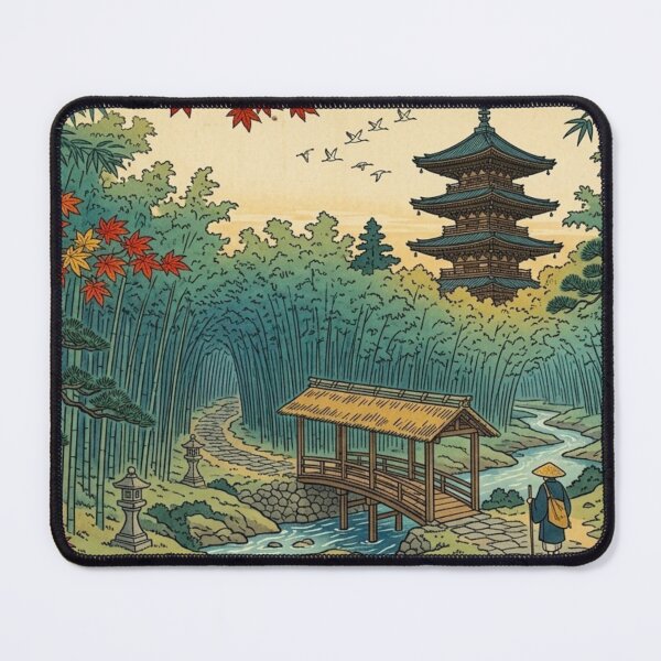 Item preview, Japanese Bamboo Forest Temple – Ukiyo-e Inspired Autumn Landscape, Zen Garden Bridge Art, Traditional Japan Nature Print, Pagoda Wall Decor, Vintage Asian Travel Poster designed and sold by Zaitmiprints.