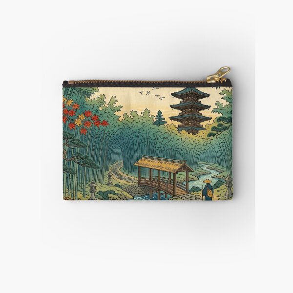 Item preview, Japanese Bamboo Forest Temple – Ukiyo-e Inspired Autumn Landscape, Zen Garden Bridge Art, Traditional Japan Nature Print, Pagoda Wall Decor, Vintage Asian Travel Poster designed and sold by Zaitmiprints.