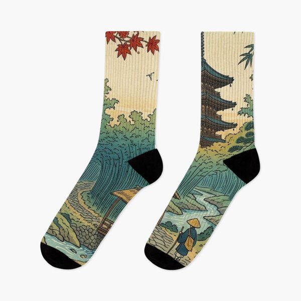 Item preview, Japanese Bamboo Forest Temple – Ukiyo-e Inspired Autumn Landscape, Zen Garden Bridge Art, Traditional Japan Nature Print, Pagoda Wall Decor, Vintage Asian Travel Poster designed and sold by Zaitmiprints.