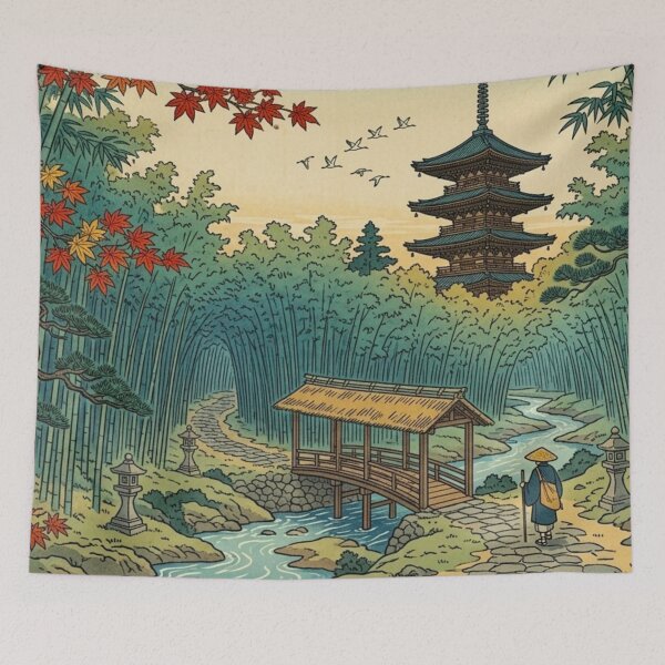 Item preview, Japanese Bamboo Forest Temple – Ukiyo-e Inspired Autumn Landscape, Zen Garden Bridge Art, Traditional Japan Nature Print, Pagoda Wall Decor, Vintage Asian Travel Poster designed and sold by Zaitmiprints.
