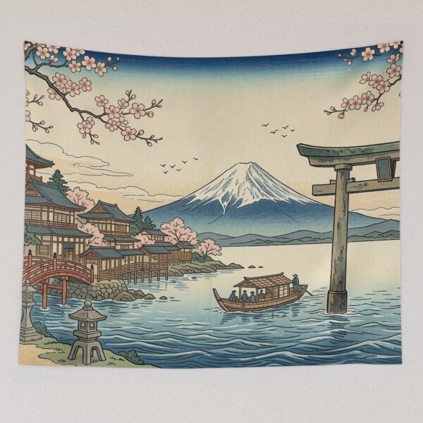 Item preview, Mount Fuji & Torii Gate Cherry Blossom Landscape – Ukiyo-e Inspired Japanese Wall Art, Sakura Temple Scene, Traditional Japan Nature Print, Zen Asian Decor, Vintage Travel Poster designed and sold by Zaitmiprints.
