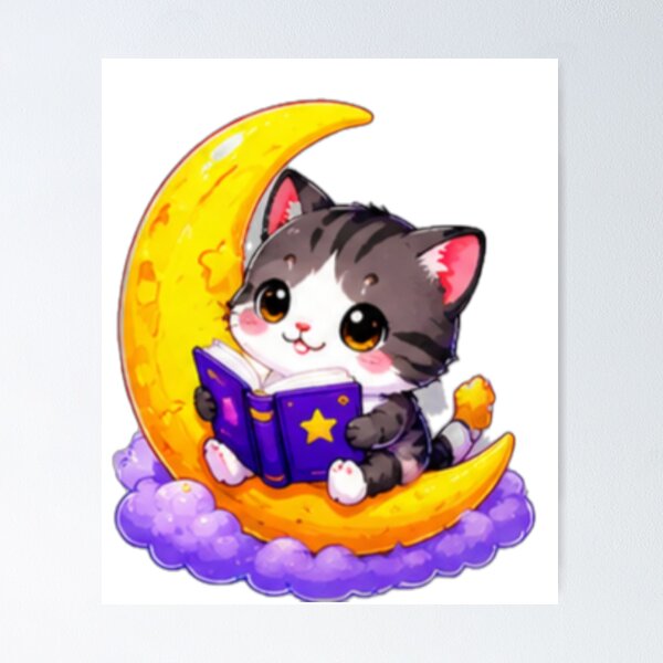 Item preview, Reading Cat On Crescent Moon designed and sold by DailyDoodlesBySumbul.