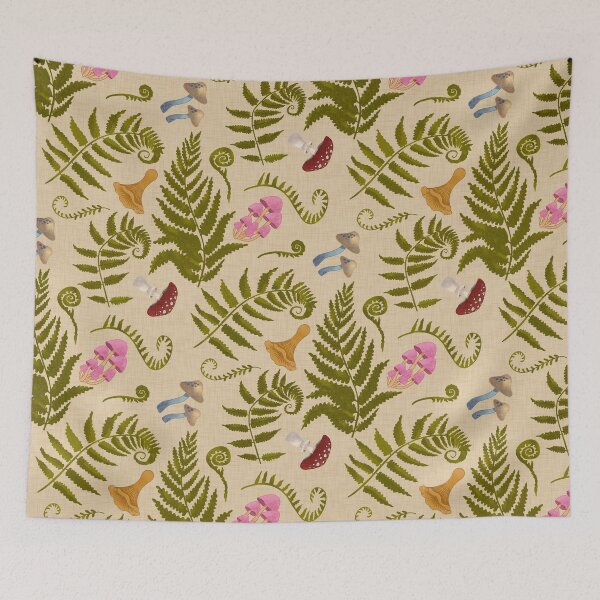 Item preview, Vintage Fern and Mushroom Botanical Pattern with Linen Texture designed and sold by hayleyhackler.