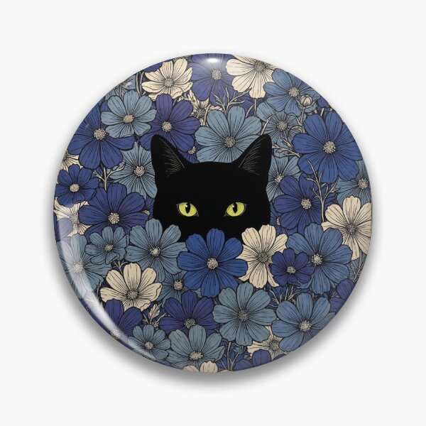 Item preview, Black Cat in Blue Cosmos Flowers - Vintage Botanical Folk Art designed and sold by DMITRYEH STUDIO.