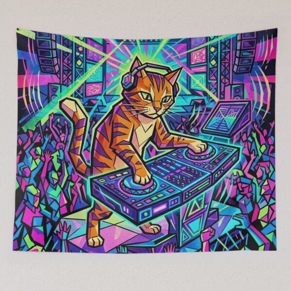 Item preview, Geometric Tabby Cat DJ At Neon Music Festival designed and sold by HAPPY HARBOR DESIGN .