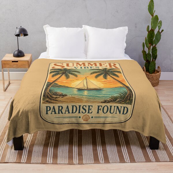 Aperçu de l'œuvre Summer Vibes – Paradise Found | Vintage Tropical Beach Sailboat Sunset Design créée et vendue par puzzell.