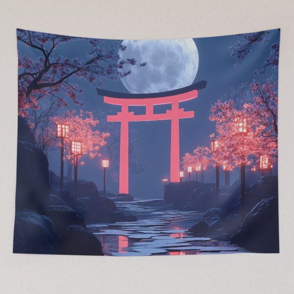 Item preview, Japanese torii moon sakura lantern garden reflection shrine designed and sold by mildaclairmo.