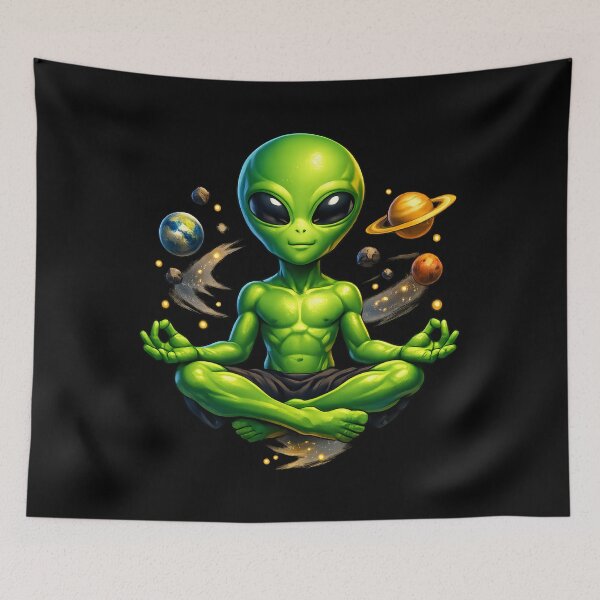 Item preview, Zero Gravity Alien Yoga Meditation – Premium Cosmic Cartoon Illustration designed and sold by builtforyou.