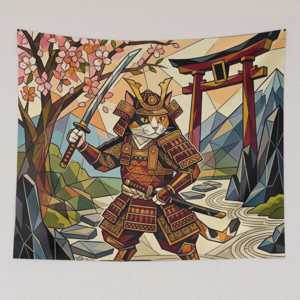Item preview, Geometric Calico Cat Samurai In Zen Garden designed and sold by HAPPY HARBOR DESIGN .