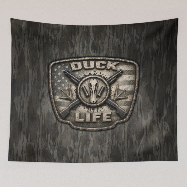 Item preview, Duck Life Waterfowl Hunting Emblem Wall Art | Vintage Duck Hunter Shotgun & American Flag Design designed and sold by artistwill.