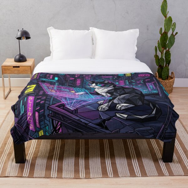 Aperçu de l'œuvre Chat tuxedo cyberpunk piratant un toit néon créée et vendue par HAPPY HARBOR DESIGN .