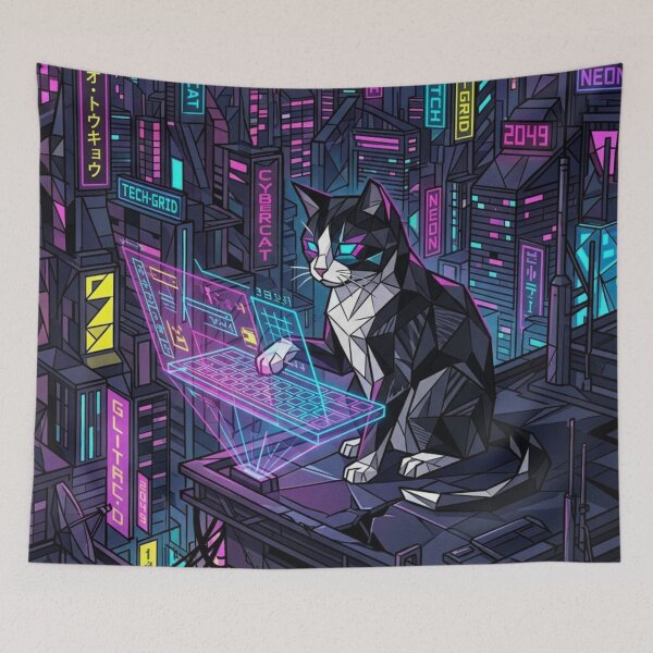Item preview, Cyberpunk Tuxedo Cat Hacking On Neon Rooftop designed and sold by HAPPY HARBOR DESIGN .