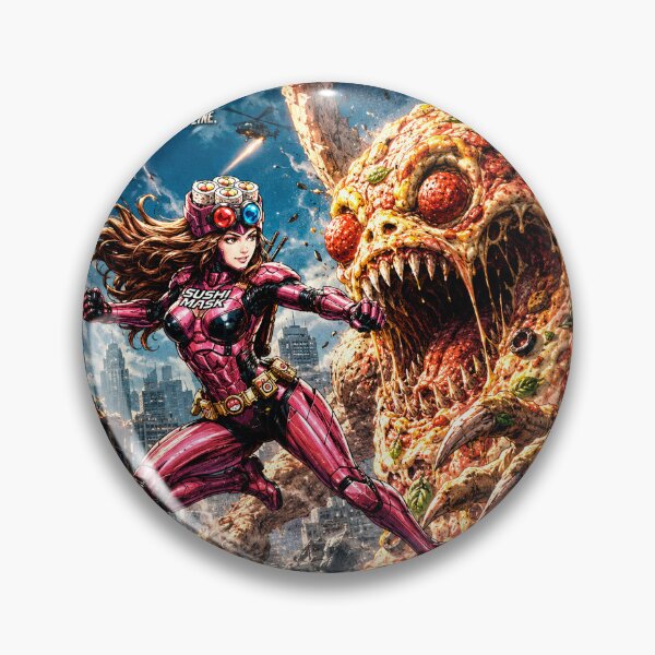 Item preview, SUSHI MASK WOMAN NEO vs The Italian Pizza Kaiju - Retro Sci-Fi Action Movie Poster designed and sold by Japan Cyberpunk Universe & Surreal Characters.