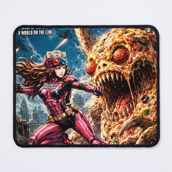 Item preview, SUSHI MASK WOMAN NEO vs The Italian Pizza Kaiju - Retro Sci-Fi Action Movie Poster designed and sold by Japan Cyberpunk Universe & Surreal Characters.
