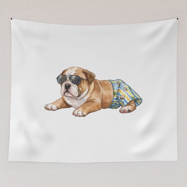 Item preview, Watercolor Bulldog Chilling on the Beach in Swim Trunks and Sunglasses designed and sold by VibranPalette.