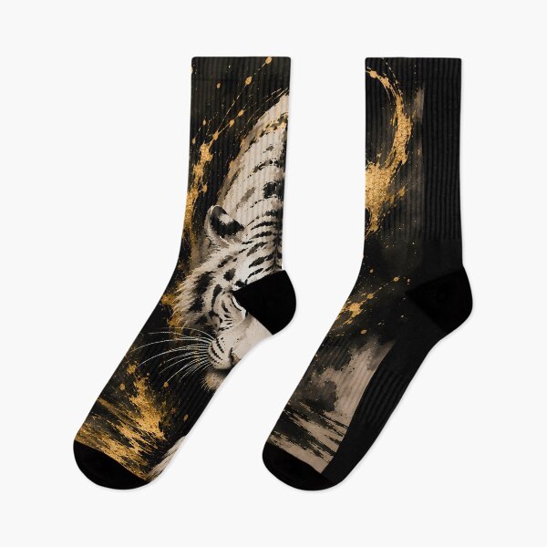 Item preview, White Tiger Black Gold Ink Art | Majestic White Tiger | Chinese Ink Painting designed and sold by ManJiangHong.
