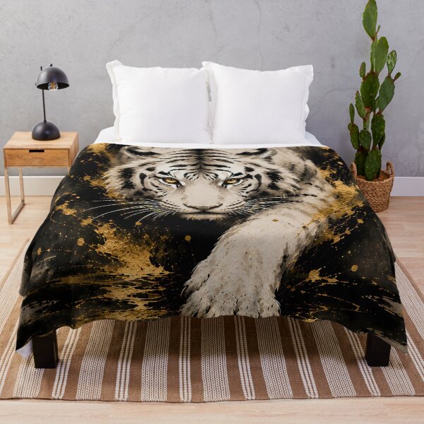 Item preview, White Tiger Black Gold Ink Art | Majestic White Tiger | Chinese Ink Painting designed and sold by ManJiangHong.
