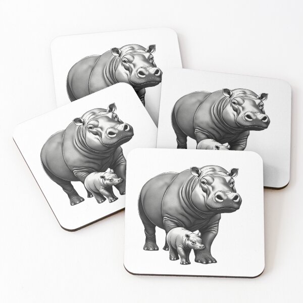 Item preview, Protective Mother Hippopotamus with Baby – Detailed Black and White Wildlife Illustration designed and sold by Artisan Finds Online.