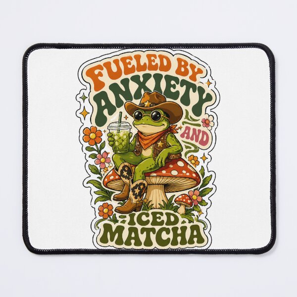 Item preview, Fueled by anxiety and iced matcha Cute Frog Cowboy Retro designed and sold by BeardWave.
