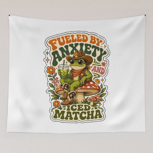 Item preview, Fueled by anxiety and iced matcha Cute Frog Cowboy Retro designed and sold by BeardWave.