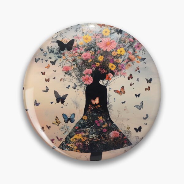 Item preview, Silhouette of a young beautiful girl created from flowers and butterflies walking on the landscape during sunset.	 designed and sold by Soft Oddity.