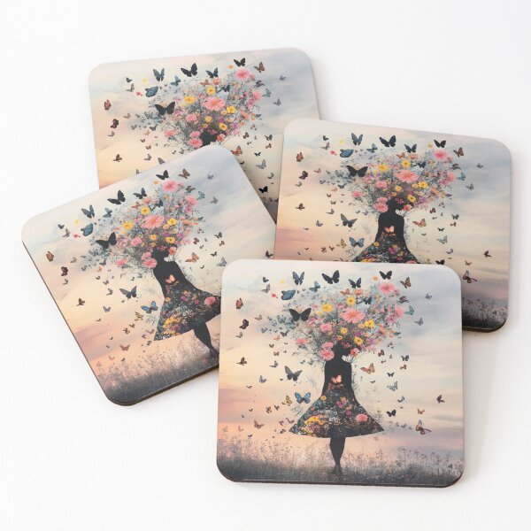 Item preview, Silhouette of a young beautiful girl created from flowers and butterflies walking on the landscape during sunset.	 designed and sold by Soft Oddity.