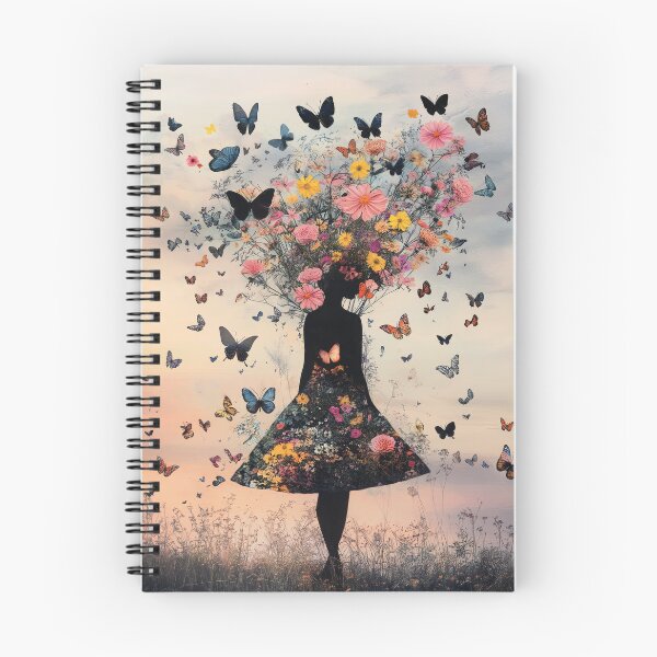 Item preview, Silhouette of a young beautiful girl created from flowers and butterflies walking on the landscape during sunset.	 designed and sold by Soft Oddity.