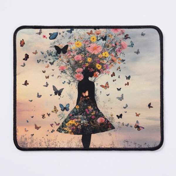 Item preview, Silhouette of a young beautiful girl created from flowers and butterflies walking on the landscape during sunset. designed and sold by Soft Oddity.