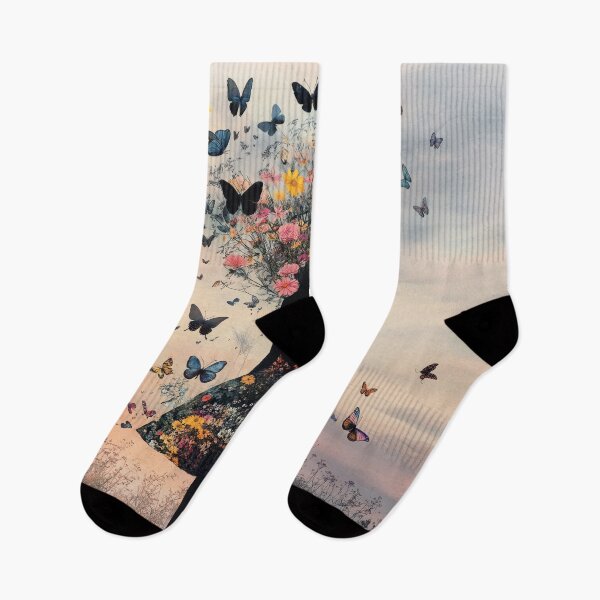 Item preview, Silhouette of a young beautiful girl created from flowers and butterflies walking on the landscape during sunset.	 designed and sold by Soft Oddity.