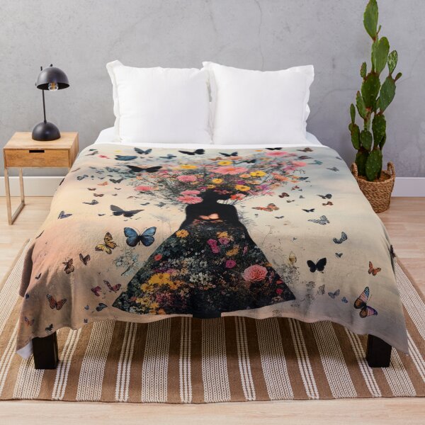 Item preview, Silhouette of a young beautiful girl created from flowers and butterflies walking on the landscape during sunset.	 designed and sold by Soft Oddity.