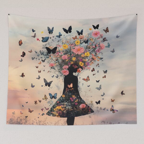 Item preview, Silhouette of a young beautiful girl created from flowers and butterflies walking on the landscape during sunset.	 designed and sold by Soft Oddity.