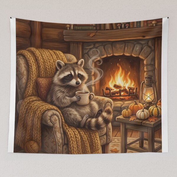 Item preview, Cozy Coffee Raccoon – Cottagecore Woodland Animal Wall Art designed and sold by ZyxDes.