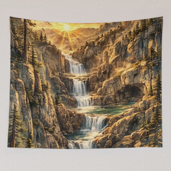 Item preview, Cascading Waterfall Canyon: Golden Sunrise Tiered Falls Forest Landscape designed and sold by irfanshikh.