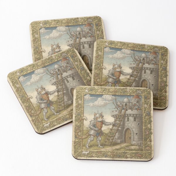 Item preview, Medieval Cat Knight Besieging a Castle of Mice Manuscript Art designed and sold by PictorialWhimsy.