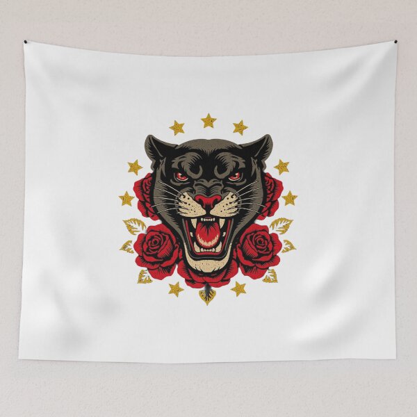 Item preview, Traditional Tattoo Black Panther with Red Roses and Stars designed and sold by Ankushpc.