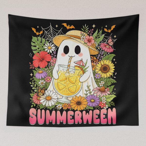Item preview, Cute Summerween Ghost Drinking Pineapple Juice Floral Tropical Halloween Beach Vibes Art designed and sold by PhocoNibict.